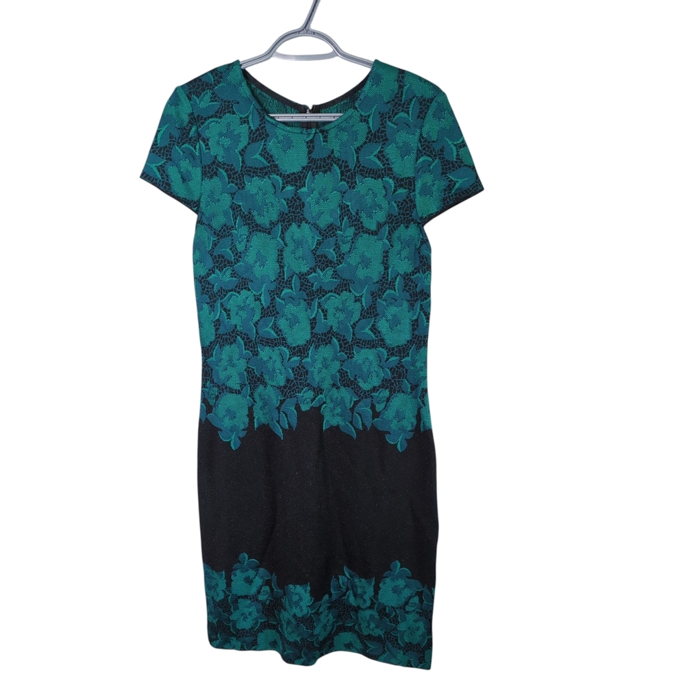 St. John Aegean Floral Jacquard Metallic Knit Dress Formal Size 12 Wool Blend